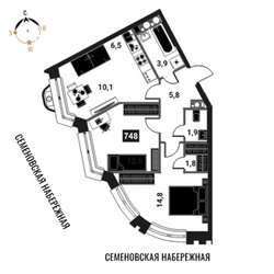 Планировка трехкомнатной(квартира) площадью 57.4 квадратных метров в ЖК “ЖК Интеллигент”