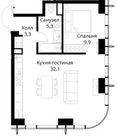 Планировка однокомнатной(квартира) площадью 50.6 квадратных метров в “ЖК Сити Бэй”