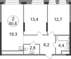 Планировка двухкомнатной(квартира) площадью 60.8 квадратных метров в “ЖК Первый Московский”