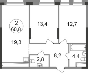 Планировка двухкомнатной(квартира) площадью 60.8 квадратных метров в ЖК “ЖК Первый Московский”