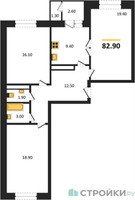 Планировка трехкомнатной(квартира) площадью 83.7 квадратных метров в “ЖК Три квартала”