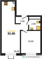Планировка однокомнатной(квартира) площадью 35.9 квадратных метров в “ЖК Лучи-2”