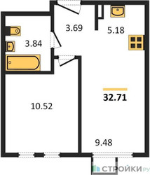 Планировка однокомнатной(квартира) площадью 32.71 квадратных метров в ЖК “ЖК Остафьево”