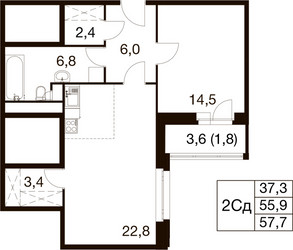 Планировка двухкомнатной(квартира) площадью 55.7 квадратных метров в ЖК “ЖК Идеал”