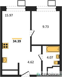 Планировка однокомнатной(квартира) площадью 34.39 квадратных метров в ЖК “ЖК Апарт-отель Тропарево парк”