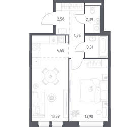 Планировка однокомнатной(квартира) площадью 44.98 квадратных метров в ЖК “ЖК Квартал Авиаторов”
