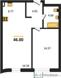 Планировка однокомнатной(квартира) площадью 46 квадратных метров в ЖК “ЖК UNO Соколиная гора”