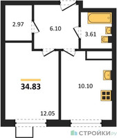 Планировка однокомнатной(квартира) площадью 34.83 квадратных метров в “ЖК Новотомилино”