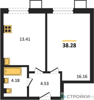 Планировка однокомнатной(квартира) площадью 38.28 квадратных метров в “ЖК Бархат”