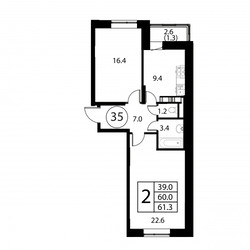 Планировка двухкомнатной(квартира) площадью 61.3 квадратных метров в ЖК “ЖК Космос”