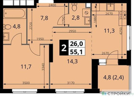 Планировка однокомнатной(квартира) площадью 55.1 квадратных метров в “ЖК 1-й Измайловский (Первый Измайловский)”