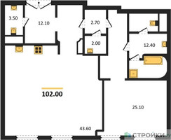 Планировка однокомнатной(квартира) площадью 102 квадратных метров в “ЖК Николь”