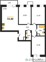 Планировка трехкомнатной(квартира) площадью 72.4 квадратных метров в “ЖК Лесная Отрада”