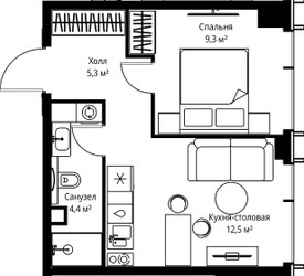 Планировка однокомнатной(квартира) площадью 31.5 квадратных метров в ЖК “ЖК Веер”