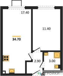 Планировка однокомнатной(квартира) площадью 34.7 квадратных метров в ЖК “ЖК Лучи-2”