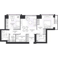 Планировка трехкомнатной(квартира) площадью 64.2 квадратных метров в “ЖК Hide (Хайд)”