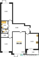 Планировка трехкомнатной(квартира) площадью 84 квадратных метров в “ЖК 1-й Южный (Первый Южный)”