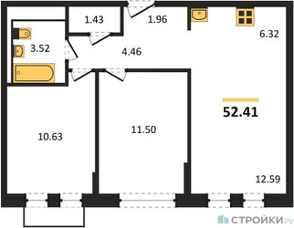 Планировка двухкомнатной(квартира) площадью 52.41 квадратных метров в ЖК “ЖК Рублевский Квартал”
