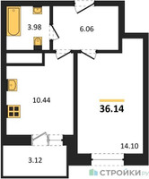 Планировка однокомнатной(квартира) площадью 36.14 квадратных метров в “ЖК ВОСТОК II”
