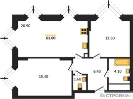 Планировка двухкомнатной(квартира) площадью 61 квадратных метров в “ЖК Wave (Вейв)”