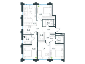 Планировка 4+ комнатной(квартира) площадью 113.9 квадратных метров в ЖК “ЖК Level Бауманская”