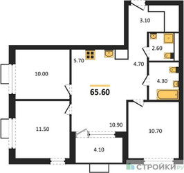 Планировка трехкомнатной(квартира) площадью 65.6 квадратных метров в ЖК “ЖК Бунинские кварталы”
