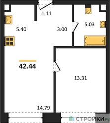 Планировка однокомнатной(квартира) площадью 42.44 квадратных метров в ЖК “ЖК TATE (Тэйт)”