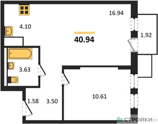 Планировка однокомнатной(квартира) площадью 40.94 квадратных метров в ЖК “ЖК Горки Парк”
