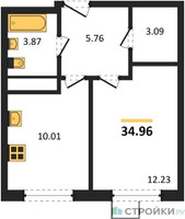 Планировка однокомнатной(квартира) площадью 34.96 квадратных метров в “ЖК Новотомилино”