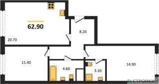 Планировка двухкомнатной(квартира) площадью 62.9 квадратных метров в “ЖК Сиреневый парк”
