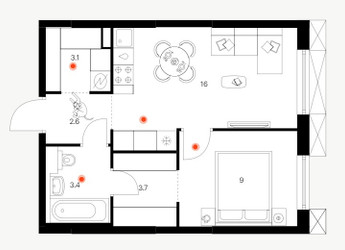Планировка однокомнатной(квартира) площадью 37.8 квадратных метров в ЖК “ЖК Плеханова 11”