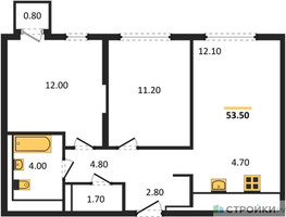 Планировка двухкомнатной(квартира) площадью 53.5 квадратных метров в “ЖК Молжаниново”