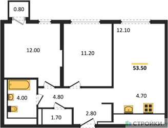 Планировка двухкомнатной(квартира) площадью 53.5 квадратных метров в ЖК “ЖК Молжаниново”