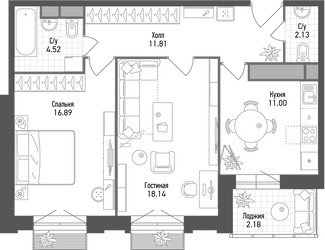 Планировка двухкомнатной(квартира) площадью 66.8 квадратных метров в ЖК “ЖК Счастье на Семёновской”