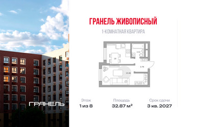 Планировка однокомнатной(квартира) площадью 32.87 квадратных метров в ЖК “ЖК Живописный”