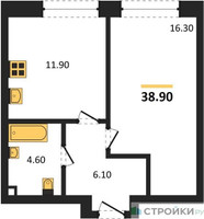Планировка однокомнатной(квартира) площадью 38.9 квадратных метров в “ЖК Шагал”