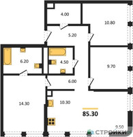 Планировка трехкомнатной(квартира) площадью 85.3 квадратных метров в “ЖК STONE Sokolniki (Сокольники)”