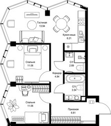 Планировка двухкомнатной(квартира) площадью 60.35 квадратных метров в ЖК “Дом премиум-класса МИРА”