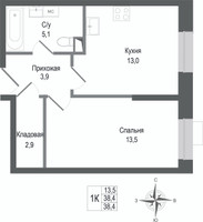 Планировка однокомнатной(квартира) площадью 38.4 квадратных метров в “ЖК КИНОКВАРТАЛ”