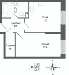 Планировка однокомнатной(квартира) площадью 38.4 квадратных метров в ЖК “ЖК КИНОКВАРТАЛ”