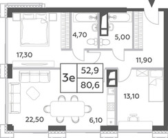 Планировка трехкомнатной(квартира) площадью 80.6 квадратных метров в “ЖК Will Towers (Вилл Тауэрс)”