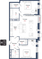 Планировка трехкомнатной(квартира) площадью 77.8 квадратных метров в “ЖК КИНОКВАРТАЛ”