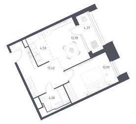 Планировка однокомнатной(апартаменты) площадью 53.42 квадратных метров в ЖК “ЖК Скай Спутник”