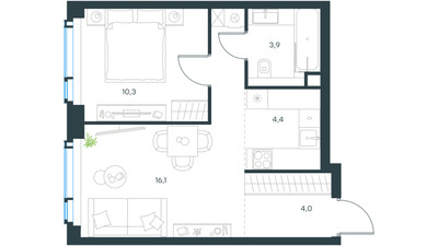 Планировка двухкомнатной(квартира) площадью 38.7 квадратных метров в ЖК “ЖК Level Мичуринский”