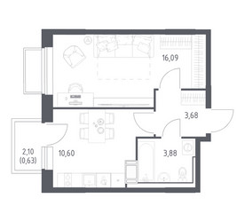 Планировка однокомнатной(квартира) площадью 34.3 квадратных метров в ЖК “ЖК Томилино Парк”