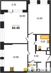 Планировка двухкомнатной(квартира) площадью 64.4 квадратных метров в ЖК “ЖК Sydney City (Сидней Сити)”