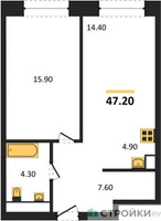 Планировка однокомнатной(апартаменты) площадью 47.2 квадратных метров в “ЖК Мираполис”
