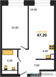 Планировка однокомнатной(апартаменты) площадью 47.2 квадратных метров в ЖК “ЖК Мираполис”
