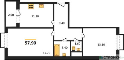 Планировка двухкомнатной(квартира) площадью 57.9 квадратных метров в ЖК “ЖК Римский”