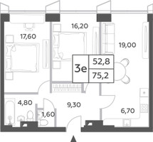 Планировка трехкомнатной(квартира) площадью 75.2 квадратных метров в “ЖК Will Towers (Вилл Тауэрс)”